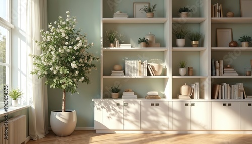 Modern room interior with tall white bookshelf filled with books and decor. Large plant with white flowers sits near window, casting shadows. Natural light illuminates space.