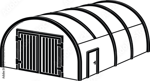 Line art storage quonset hut with double barn doors and side personnel door
