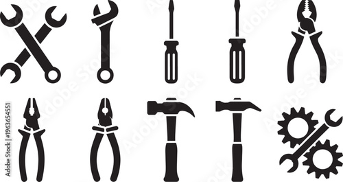 Group of black silhouette illustrating various hand tools and mechanical components such as wrenches screwdrivers pliers hammers and gears for