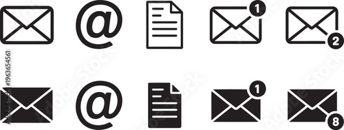 Group of black and white for email communication including envelopes with notification counts and the at symbol representing online messaging and