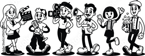 Retro cartoon black and white film crew and audience characters holding clapper camera microphone popcorn tickets