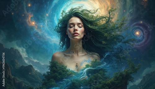 Mother Earth goddess portrait with flowing green hair entwined with trees. Woman body made of forests and water. Space galaxy background evokes natural cosmic power and beauty.