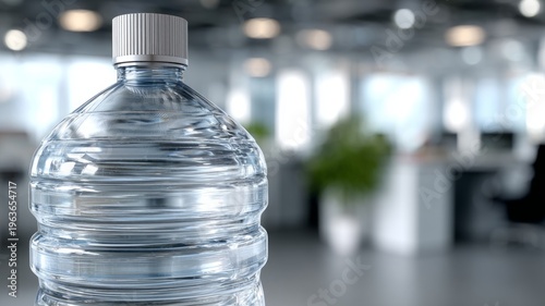 Clear plastic water bottle in modern office environment