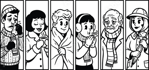Black and white line art panels showing six winter characters with scarves mugs and umbrella