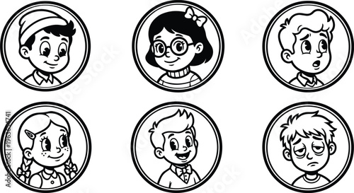 Line art circular portraits of six children in round badges with varied expressions black and white