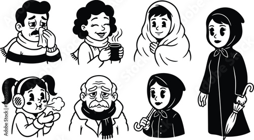Black and white line art group of bundled people with scarf mug umbrella and earmuffs