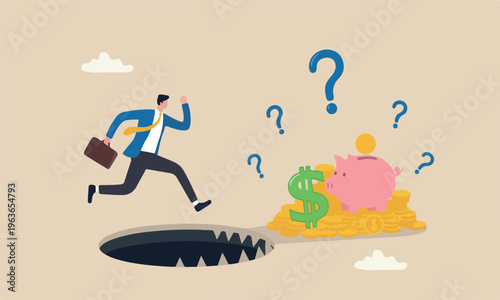 Financial money,pink investment, ponzi scheme or business pitfall concept, businessman investor running and jumping into lore money pitfall or mouse trap with big money dollar sign bait.