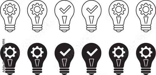 Row of black and white featuring light bulbs with gears and checkmarks representing ideas innovation and successful implementation in a conceptual