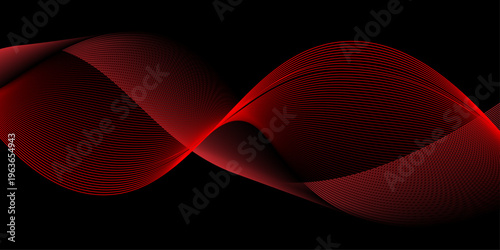 abstract red wavy lines on black background with flowing digital mesh frequency for technology and music concepts