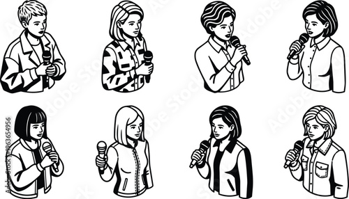 Eight black and white line art women holding microphones in varied poses and outfits bold outline