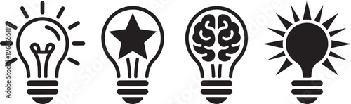 Set of four black silhouette of light bulbs representing ideas concepts innovation and creativity with different internal