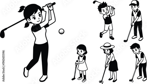 Black and white vector art woman swinging golf club with five smaller golfer figures