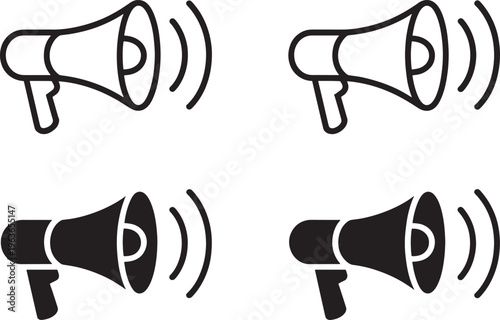 Set of four megaphone in outline and solid fill styles with sound wave on white background Keywords: megaphone, loudspeaker, announcement, sound