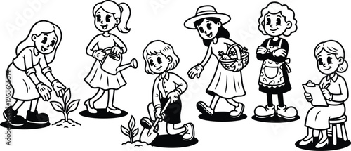 Black and white line art girls planting seedlings watering can spade basket and clipboard gardening scene