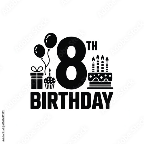 Black and white graphic depicting an eighth birthday celebration with decorations