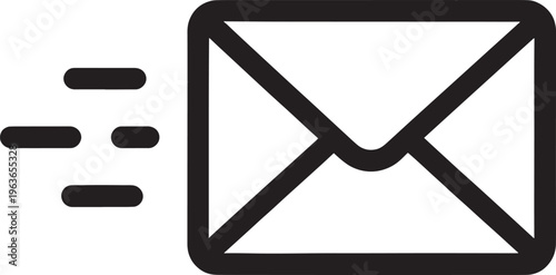 Simple black line representing a fast sending email or message with motion lines indicating speed and movement on a white background