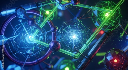 Abstract Futuristic Digital Network Background with Glowing Geometric Shapes and Interconnected Data Flow Lines, Symbolizing Advanced Technology and Innovation
