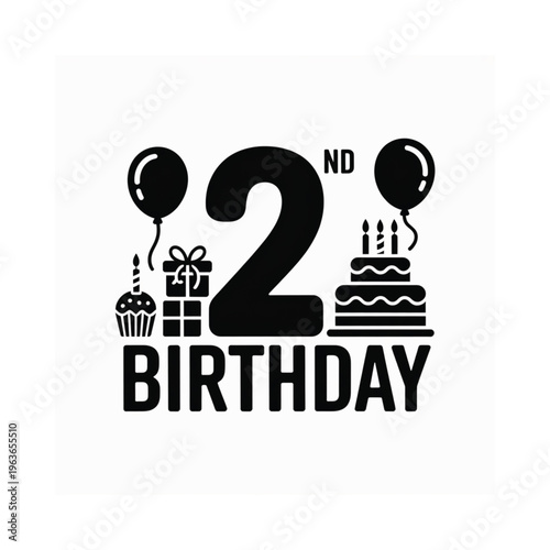 A second birthday celebration graphic with balloons cake and gifts