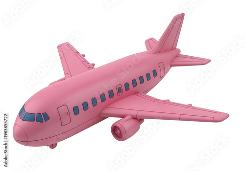 A stylized pink airplane flying in the sky with a cheerful design