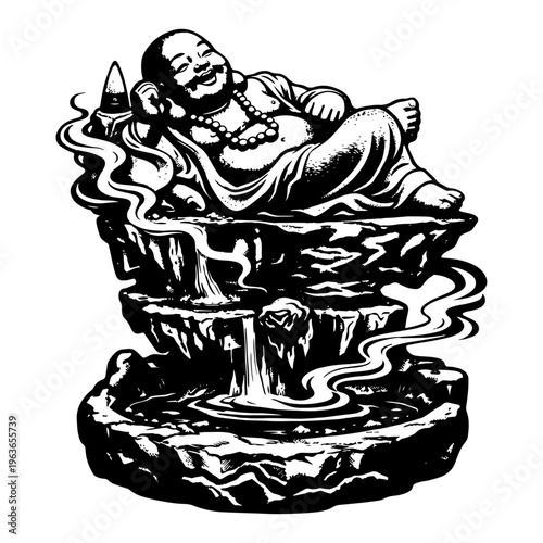 Laughing buddha statue resting on a zen stone waterfall fountain in vintage woodcut style