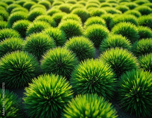 Rows of bright green ornamental grass balls. Lush green spheres create a textured carpet in sunlit garden. Natural patterns repeat in neat outdoor planting.