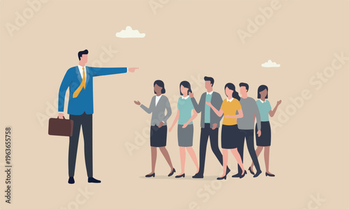 Thought lines minimal shading direction concept, confident businessman leader pointing finger colleagues follow