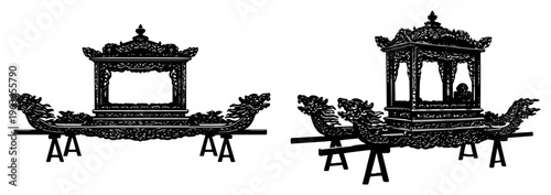 Ornate traditional Asian ceremonial palanquins and royal carriage silhouette vector illustration