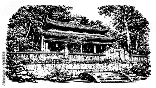 Detailed traditional oriental pavilion building with a small bridge over water and trees