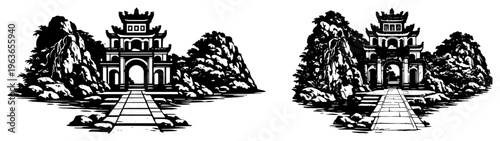 Traditional oriental temple gates entrance nestled between rocky mountains in vintage woodcut style