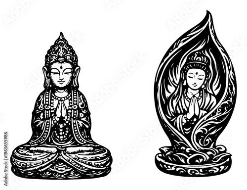 Set of two meditating buddha and guan yin statues with intricate decorative details in linework style