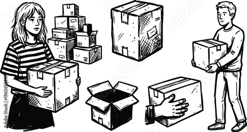 Line art woman and man holding cardboard boxes with stacked and open box black and white