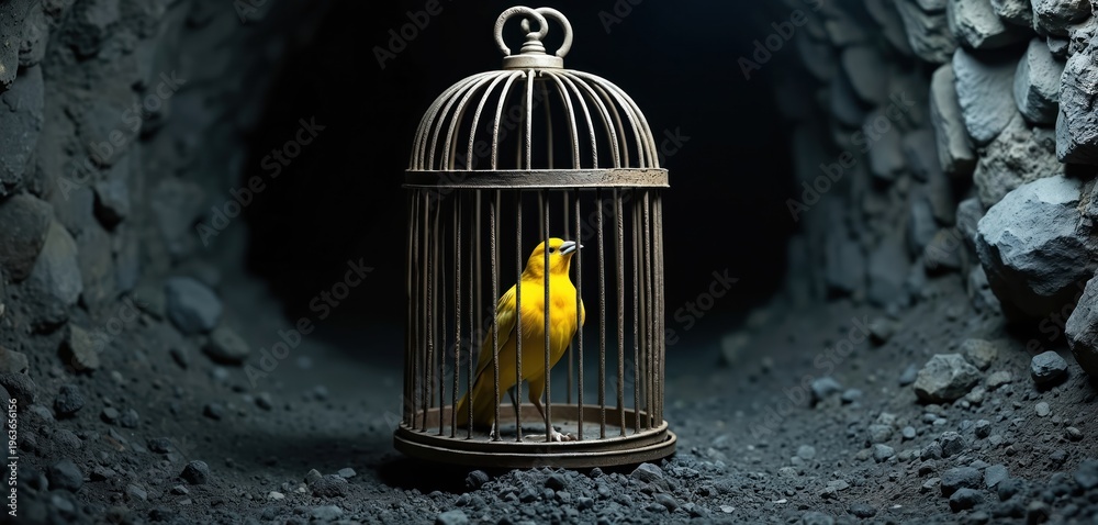 Fototapeta premium Yellow canary bird in vintage iron cage inside dark coal mine tunnel. Small animal trapped underground, symbolic warning of danger and isolation. Old industrial setting.