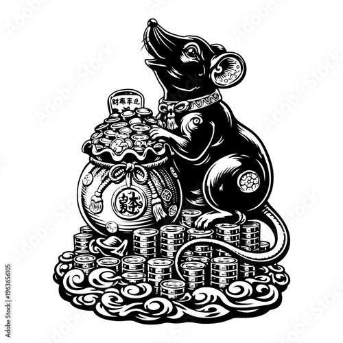 Traditional oriental rat standing next to a fortune pot and gold coins in black and white vector illustration