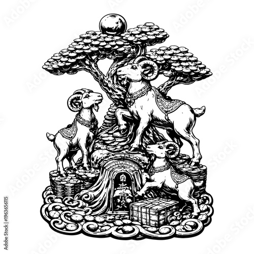Three traditional goats standing by a bonsai tree with treasure and gold coins in oriental vector style