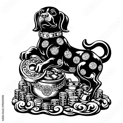 Traditional oriental dog sitting on a large pile of gold coins and fortune bag in vector style