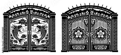 Set of ornate oriental gates featuring traditional koi fish and floral patterns in woodcut style