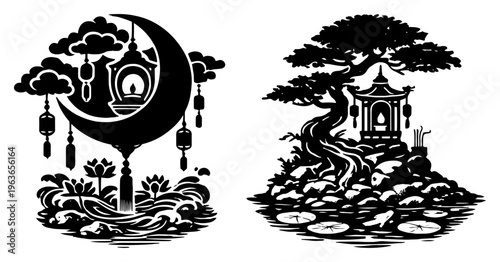 Zen oriental landscapes with pagoda lantern moon and pine tree in vintage black and white style