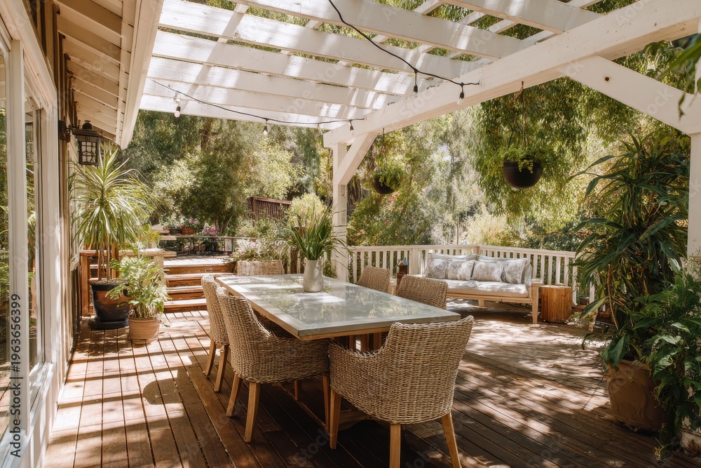 Fototapeta premium Elegant outdoor dining deck with white pergola and comfortable seating