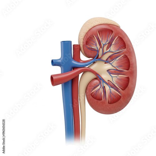 Anatomical diagram of the human kidney with blood vessels and ureter highlighted