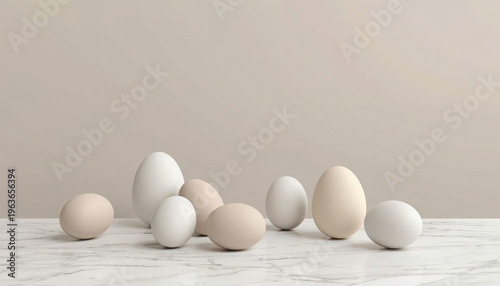 Sequence of eggs in neutral tones on a soft and elegant background.
