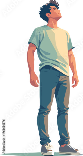 persona uomo ragazzo guarda in alto vettoriale da montagna in cima