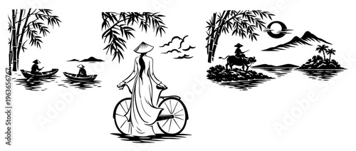 Traditional oriental scenes featuring a woman with a bicycle and people in boats near bamboo in black and white vector style