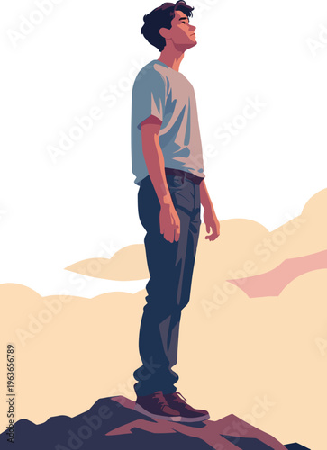 persona uomo ragazzo guarda in alto vettoriale da montagna in cima