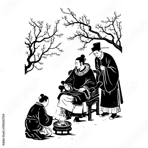 Traditional oriental scene with figures in historical costume sitting by an incense burner under winter trees