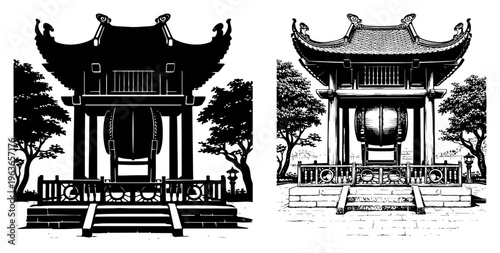 Traditional oriental temple drum tower pavilion architecture in black and white vector style