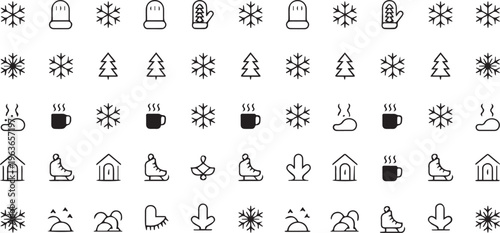 Winter holiday icons, Christmas symbols, festive signs, 40 black line art graphics