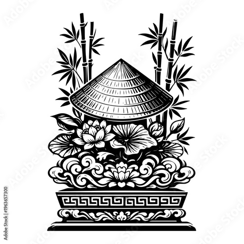 Traditional Vietnamese conical hat with lotus flowers and bamboo stalks in woodcut style