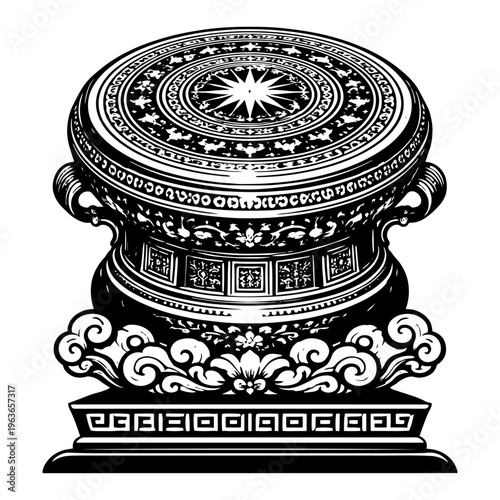 Traditional oriental bronze drum with intricate patterns and decorative clouds in black and white vector