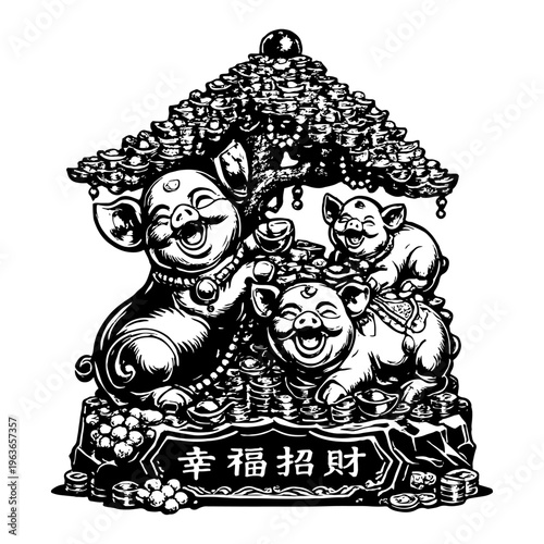 Three happy fortune pigs with money bags and gold coins under a wealth tree in vector style
