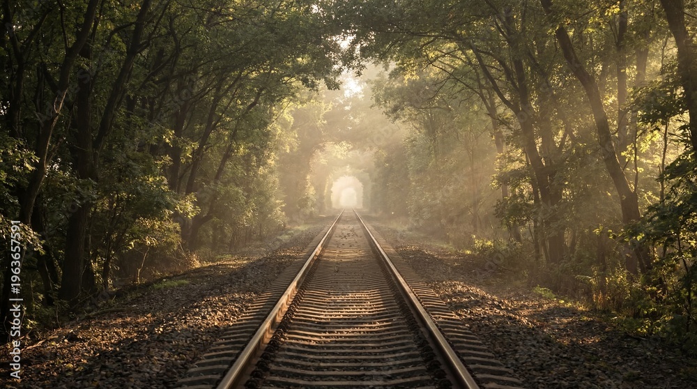 Obraz premium A serene railway track leading through a dense forest towards a bright sunny exit